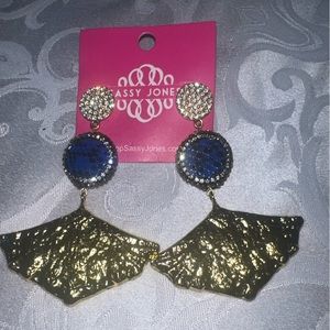 Sassy Jones Tizani Flame Blue and Gold Rhinestone Earrings NWT